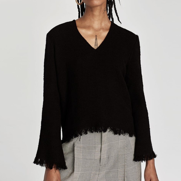 Zara Jacquard Bell Sleeve Blouse Top Frayed Hems - Picture 1 of 14